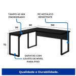 Mesa em L PÉ QUADRO (1,50×0,60m + Mesa Auxiliar) – S/ Gavetas – PRETO / PRETO – 26010 VILLA Móveis para Escritório Linha 40mm Preto / Preto 14