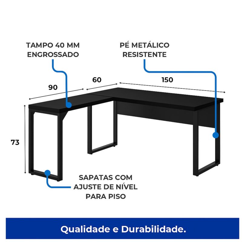 Mesa em L PÉ QUADRO (1,50×0,60m + Mesa Auxiliar) – S/ Gavetas – PRETO / PRETO – 26010 VILLA Móveis para Escritório Linha 40mm Preto / Preto 6