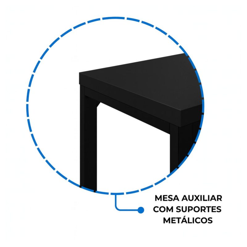 Mesa em L PÉ QUADRO (1,50×0,60m + Mesa Auxiliar) – S/ Gavetas – PRETO / PRETO – 26010 VILLA Móveis para Escritório Linha 40mm Preto / Preto 9