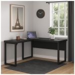 Mesa em L PÉ QUADRO (1,50×0,60m + Mesa Auxiliar) – S/ Gavetas – PRETO / PRETO – 26010 VILLA Móveis para Escritório Linha 40mm Preto / Preto 19