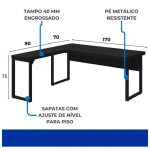 Mesa em L PÉ QUADRO (1,70×0,70m + Mesa Auxiliar) – S/ Gavetas – PRETO / PRETO – 26011 VILLA Móveis para Escritório Linha 40mm Preto / Preto 14