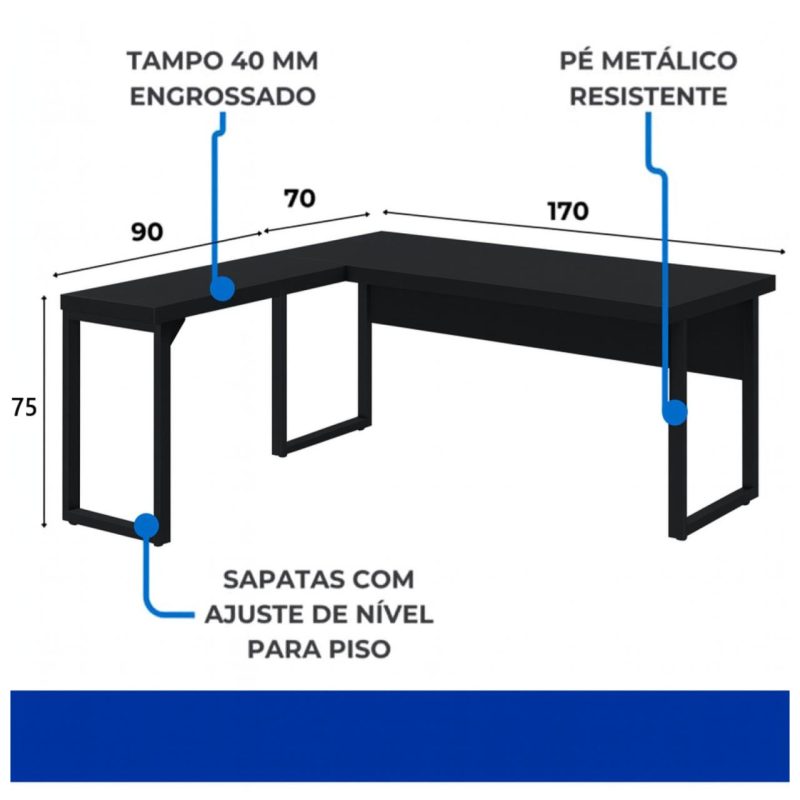 Mesa em L PÉ QUADRO (1,70×0,70m + Mesa Auxiliar) – S/ Gavetas – PRETO / PRETO – 26011 VILLA Móveis para Escritório Linha 40mm Preto / Preto 6