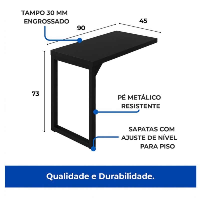 Mesa em L PÉ QUADRO (1,70×0,70m + Mesa Auxiliar) – S/ Gavetas – PRETO / PRETO – 26011 VILLA Móveis para Escritório Linha 40mm Preto / Preto 8