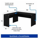 Mesa em L PÉ PAINEL (1,50×0,60m + Mesa Auxiliar) – S/ Gavetas – PRETO / PRETO – 26012 VILLA Móveis para Escritório Linha 40mm Preto / Preto 14