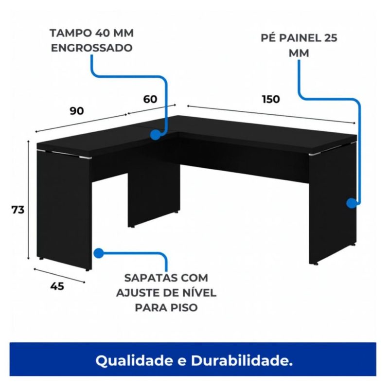 Mesa em L PÉ PAINEL (1,50×0,60m + Mesa Auxiliar) – S/ Gavetas – PRETO / PRETO – 26012 VILLA Móveis para Escritório Linha 40mm Preto / Preto 6