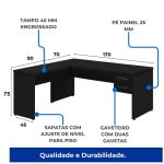 Mesa em L PÉ PAINEL (1,70×0,70m + Mesa Auxiliar) – S/ Gavetas – PRETO / PRETO – 26013 VILLA Móveis para Escritório Linha 40mm Preto / Preto 16