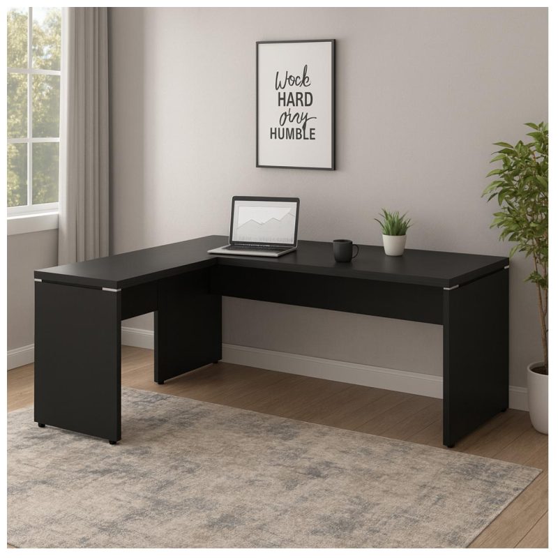 Mesa em L PÉ PAINEL (1,70×0,70m + Mesa Auxiliar) – S/ Gavetas – PRETO / PRETO – 26013 VILLA Móveis para Escritório Linha 40mm Preto / Preto 9
