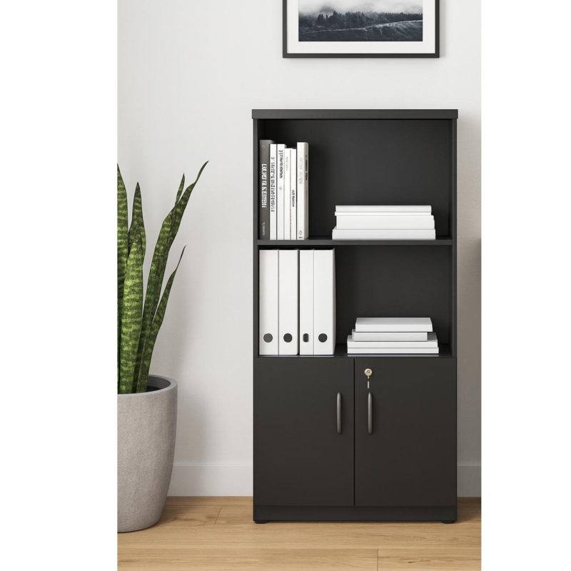Armário Alto com Portas Inferiores e Prateleiras Abertas – MDP Preto – 26033 VILLA Móveis para Escritório Linha 40mm Preto / Preto 8