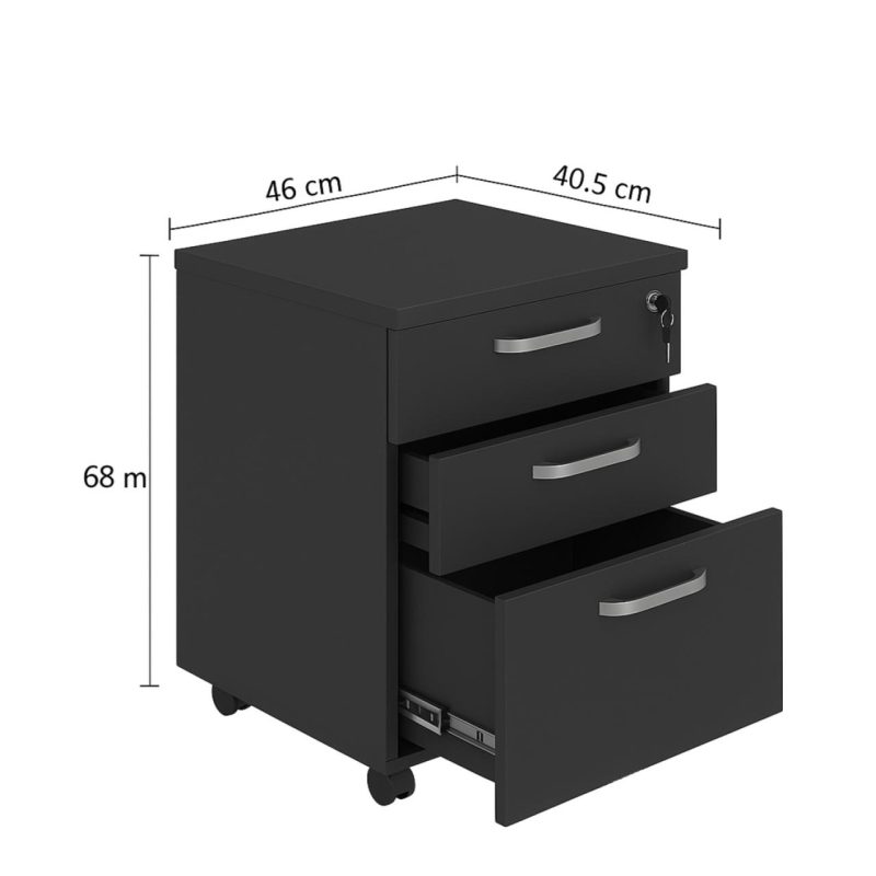 Gaveteiro Volante com 03 Gavetas com Rodízios e Fechadura – MDP Preto – 26034 VILLA Móveis para Escritório Linha 40mm Preto / Preto 4