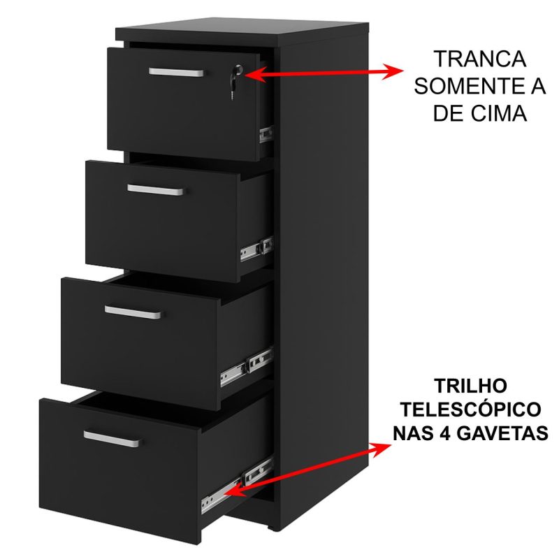 Arquivo de Madeira para Pasta Suspensa com 4 Gavetas – MDP PRETO – 26035 VILLA Móveis para Escritório Linha 40mm Preto / Preto 4