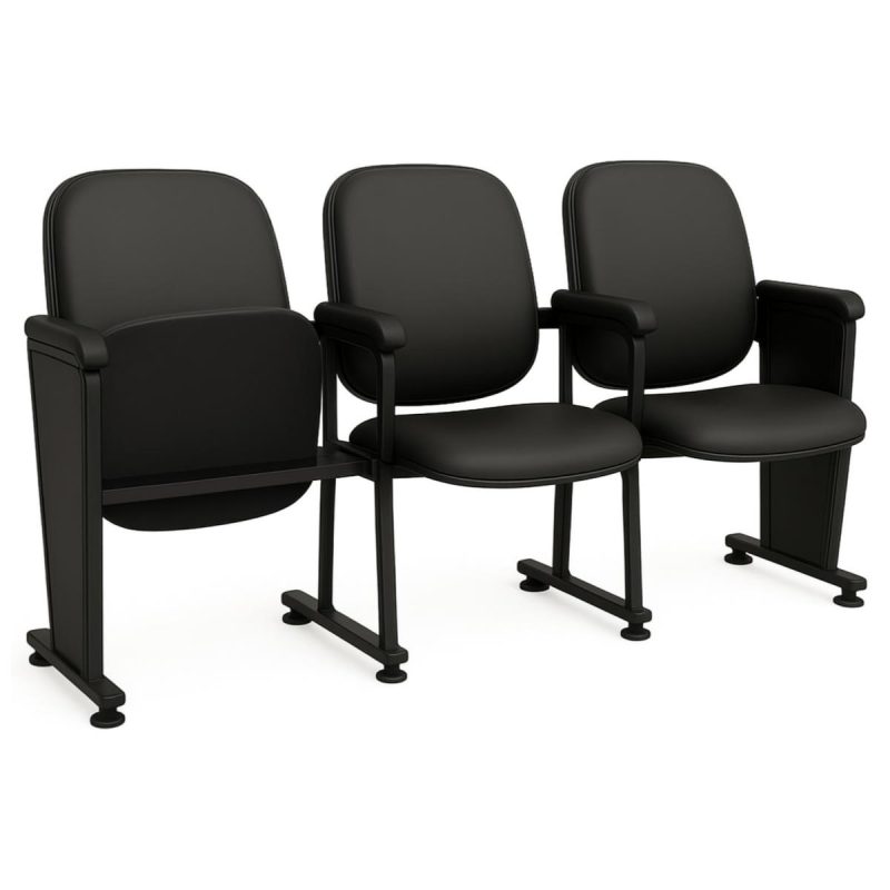 Poltrona Auditório Rebatível 03 Lugares – Linha Premium – Corino Preto – 38103 VILLA Móveis para Escritório Auditório 3