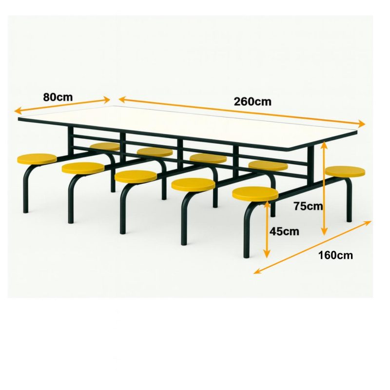 Mesa para Refeitório FIXA 10 Lugares MDP Branco de 25 mm – Assento AMARELO – 50105 VILLA Móveis para Escritório Fixo 10 Lugares 5