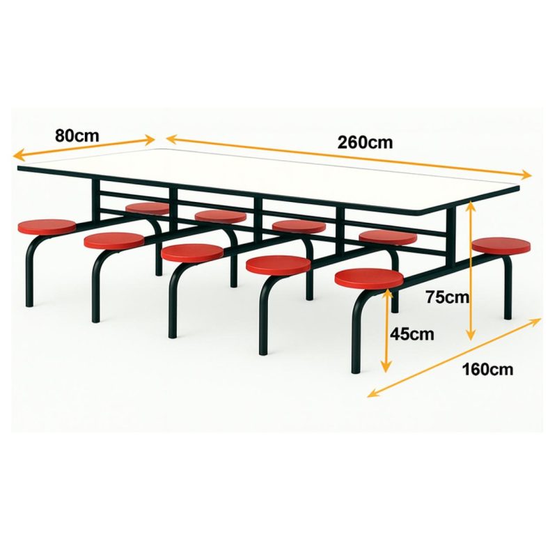 Mesa para Refeitório FIXA 10 Lugares MDP Branco de 25 mm – Assento VERMELHO – 50106 VILLA Móveis para Escritório Fixo 10 Lugares 5