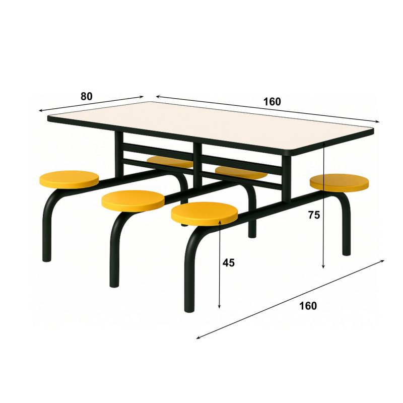 Mesa para Refeitório FIXA 6 Lugares MDP Branco de 25 mm – Assento AMARELO – 50203 VILLA Móveis para Escritório Fixo 06 Lugares 6