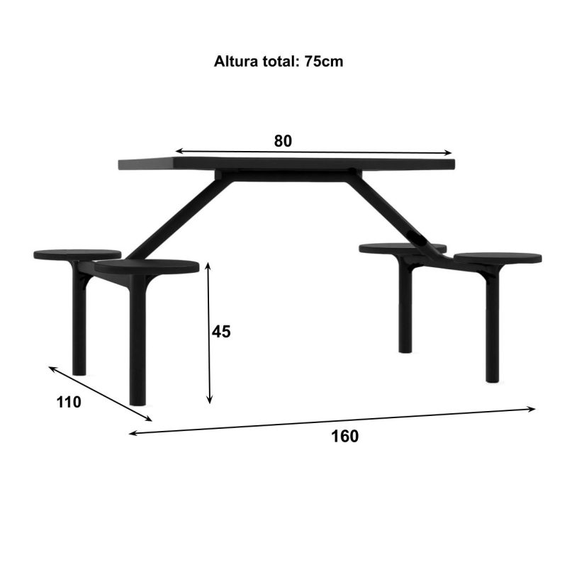 Mesa para Refeitório FIXA 4 Lugares MDP Branco de 25 mm – Assento PRETO – 50301 VILLA Móveis para Escritório Fixo 04 Lugares 6