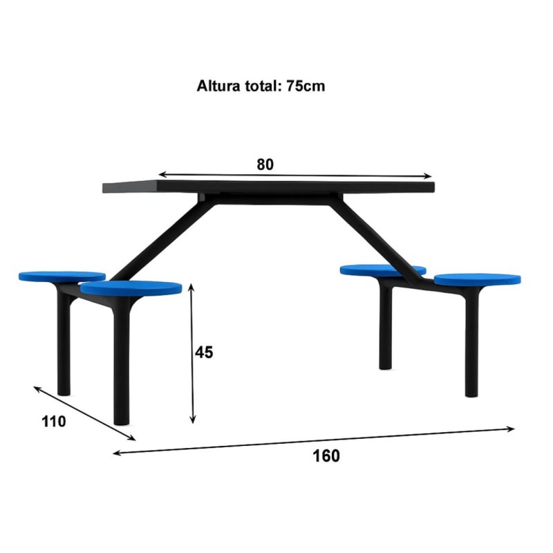 Mesa para Refeitório FIXA 4 Lugares MDP Branco de 25 mm – Assento AZUL – 50304 VILLA Móveis para Escritório Fixo 04 Lugares 6