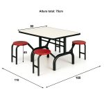 Mesa para Refeitório ESCAMOTEÁVEL 04 Lugares MDP Branco de 25 mm – Assento VERMELHO – 50402 VILLA Móveis para Escritório Escamoteável 04 Ludares 13