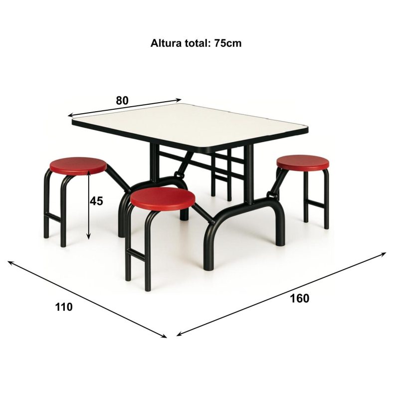 Mesa para Refeitório ESCAMOTEÁVEL 04 Lugares MDP Branco de 25 mm – Assento VERMELHO – 50402 VILLA Móveis para Escritório Escamoteável 04 Ludares 5