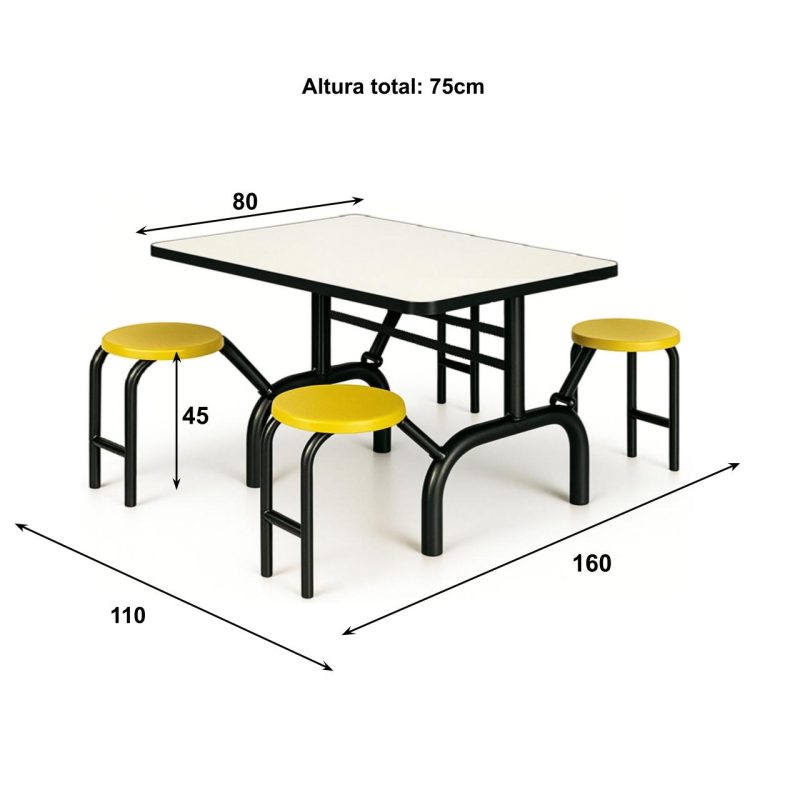 Mesa para Refeitório ESCAMOTEÁVEL 04 Lugares MDP Branco de 25 mm – Assento AMARELO – 50403 VILLA Móveis para Escritório Escamoteável 04 Ludares 7