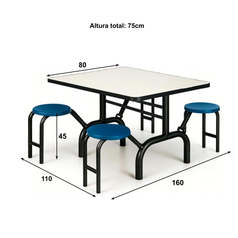 Mesa para Refeitório ESCAMOTEÁVEL 04 Lugares MDP Branco de 25 mm – Assento AZUL – 50404 VILLA Móveis para Escritório Escamoteável 04 Ludares 6