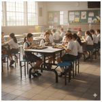 Mesa para Refeitório ESCAMOTEÁVEL 06 Lugares MDP Branco de 25 mm – Assento AZUL – 50601 VILLA Móveis para Escritório Escamoteável 06 Lugares 20