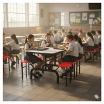 Mesa para Refeitório ESCAMOTEÁVEL 06 Lugares MDP Branco de 25 mm – Assento VERMELHO – 50603 VILLA Móveis para Escritório Escamoteável 06 Lugares 20