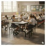 Mesa para Refeitório ESCAMOTEÁVEL 06 Lugares MDP Branco de 25 mm – Assento PRETO – 50604 VILLA Móveis para Escritório Escamoteável 06 Lugares 20