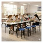 Mesa para Refeitório ESCAMOTEÁVEL 08 Lugares MDP Branco de 25 mm – Assento AZUL – 50801 VILLA Móveis para Escritório Escamoteável 08 Lugares 20