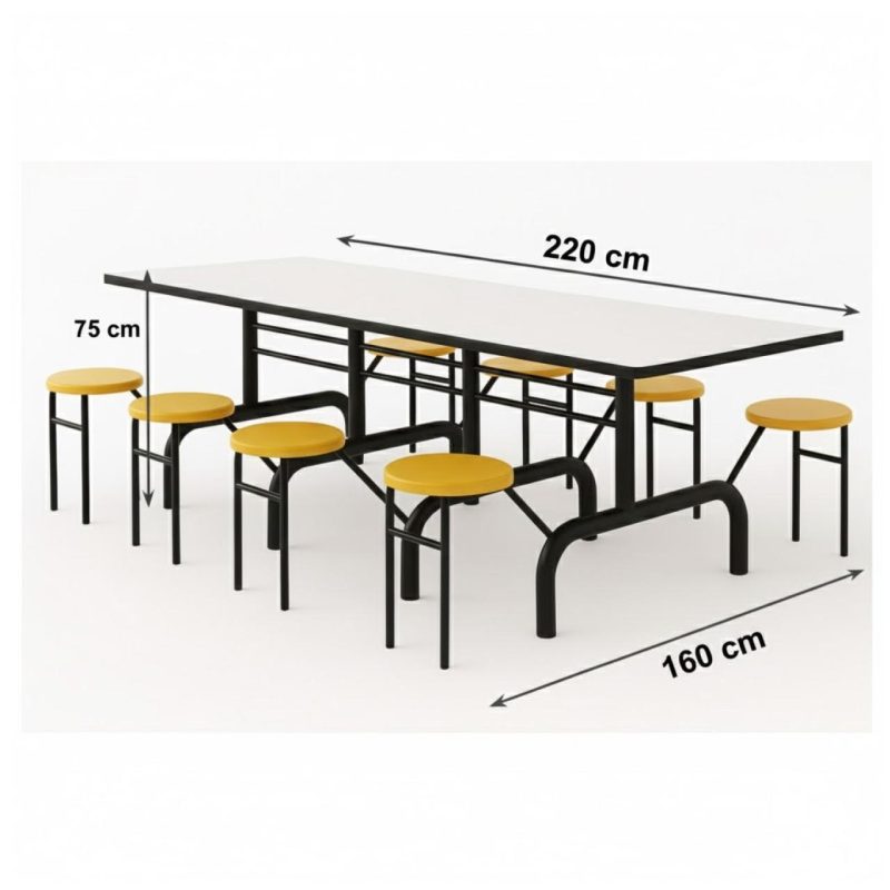 Mesa para Refeitório ESCAMOTEÁVEL 08 Lugares MDP Branco de 25 mm – Assento AMARELO – 50802 VILLA Móveis para Escritório Escamoteável 08 Lugares 5