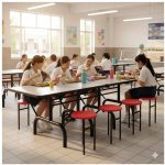 Mesa para Refeitório ESCAMOTEÁVEL 08 Lugares MDP Branco de 25 mm – Assento VERMELHO – 50803 VILLA Móveis para Escritório Escamoteável 08 Lugares 13