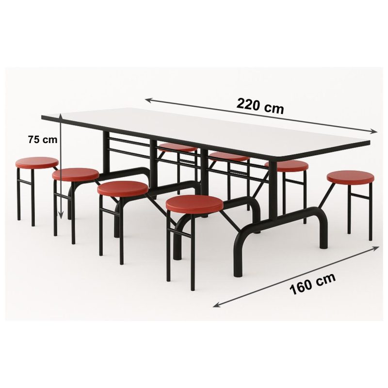 Mesa para Refeitório ESCAMOTEÁVEL 08 Lugares MDP Branco de 25 mm – Assento VERMELHO – 50803 VILLA Móveis para Escritório Escamoteável 08 Lugares 6