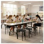 Mesa para Refeitório ESCAMOTEÁVEL 08 Lugares MDP Branco de 25 mm – Assento PRETO – 50804 VILLA Móveis para Escritório Escamoteável 08 Lugares 20