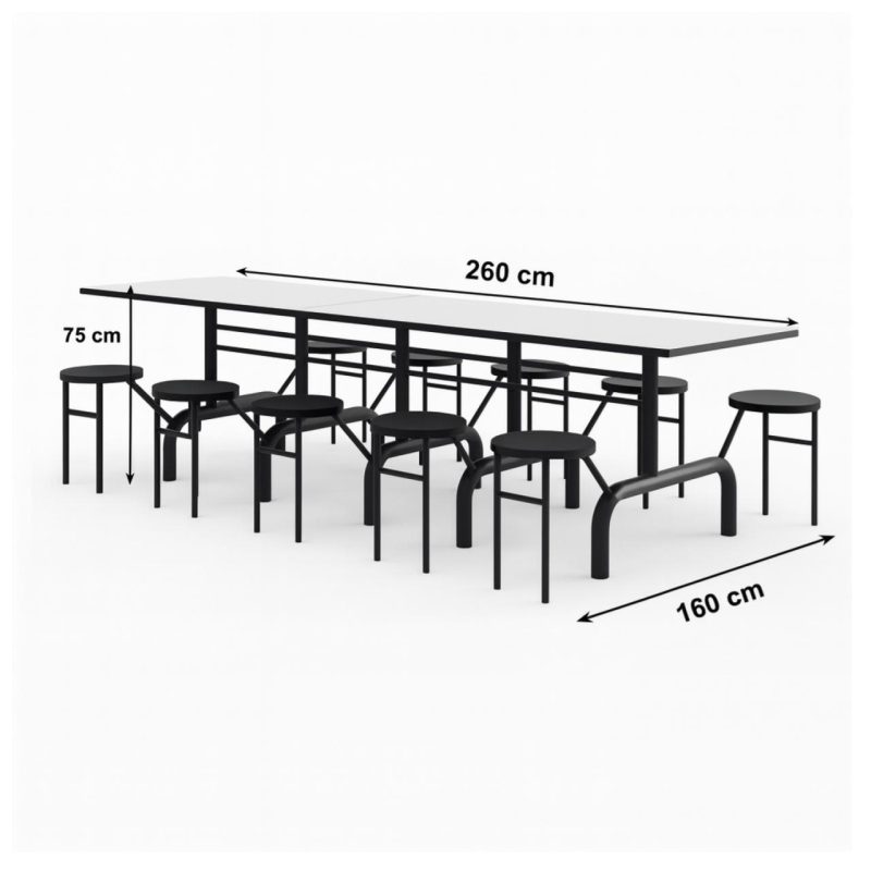 Mesa para Refeitório ESCAMOTEÁVEL 10 Lugares MDP Branco de 25 mm – Assento PRETO – 50903 VILLA Móveis para Escritório Escamoteável 10 Lugares 5