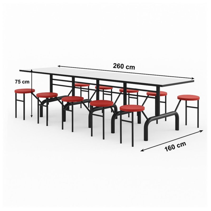 Mesa para Refeitório ESCAMOTEÁVEL 10 Lugares MDP Branco de 25 mm – Assento VERMELHO – 50904 VILLA Móveis para Escritório Escamoteável 10 Lugares 5